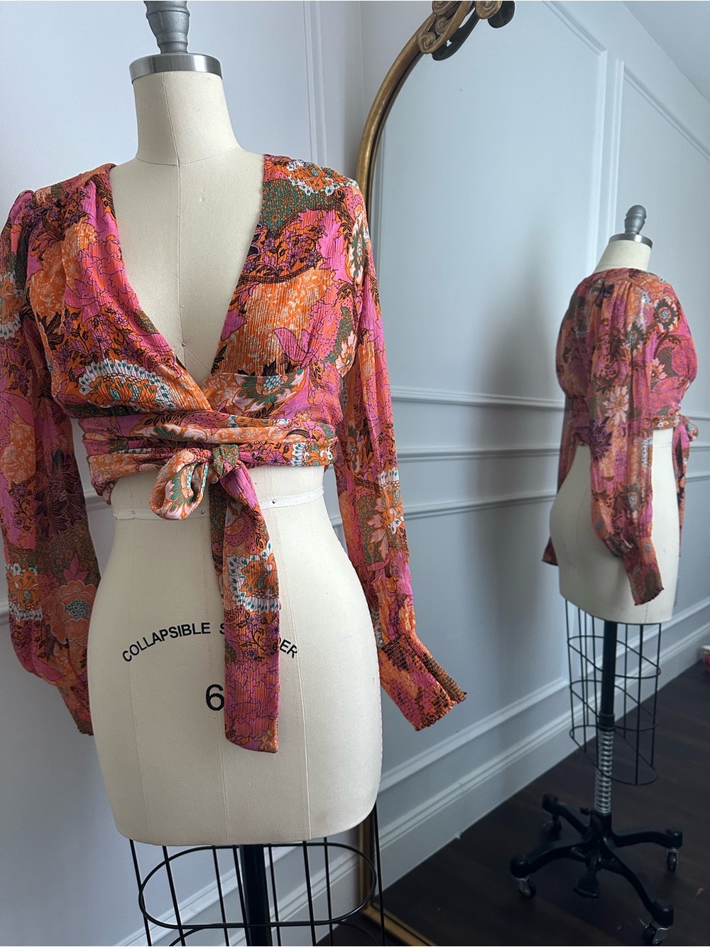 A.L.C. Floral Tie-Front Crop Blouse in Pink and Orange